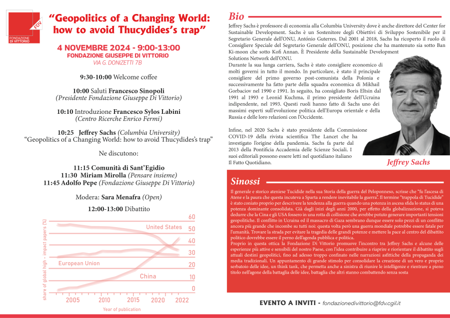 Evento Jeffrey Sachs - “Geopolitics of a Changing World: how to avoid Thucydides’s trap”